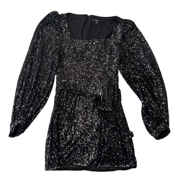 Lulus Festive Mood Black Sequin Long Sleeve Mini Dress M - Picture 3 of 7